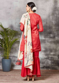 Brick Red Sharara Suit In Brocade Silk With Floral Printed Dupatta