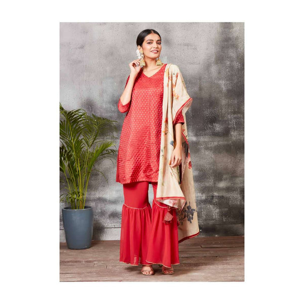 Brick Red Sharara Suit In Brocade Silk With Floral Printed Dupatta