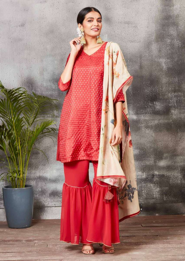 Brick Red Sharara Suit In Brocade Silk With Floral Printed Dupatta