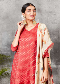 Brick Red Sharara Suit In Brocade Silk With Floral Printed Dupatta