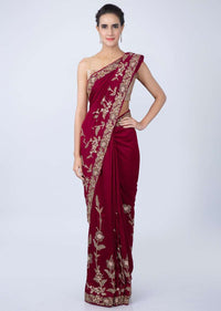 Brick Red Saree In Silk With Floral Embroidered Border Online - Kalki Fashion