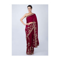 Brick Red Saree In Silk With Floral Embroidered Border Online - Kalki Fashion