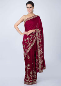 Brick Red Saree In Silk With Floral Embroidered Border Online - Kalki Fashion