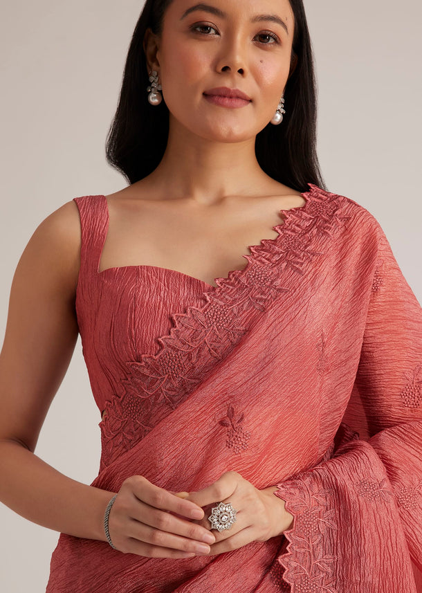 Brick Pink Crushed Tissue Saree With Resham Cutwork Border