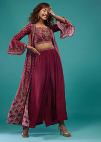 Magenta Pink Printed Palazzo Crop-Top Set In Pure Georgette