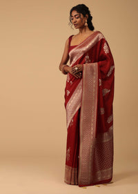 Brick Red Saree In Dola Silk With Embroidered Floral Buttas