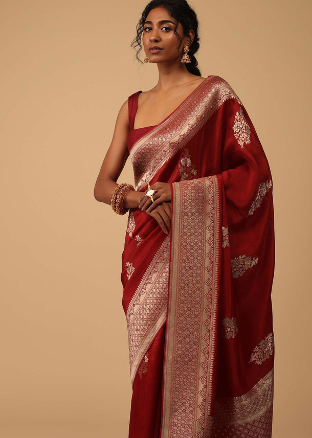 Brick Red Saree In Dola Silk With Embroidered Floral Buttas