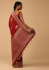 Brick Red Saree In Dola Silk With Embroidered Floral Buttas