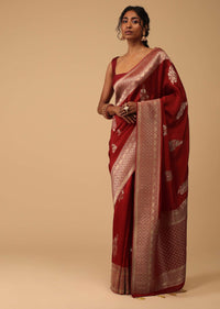 Brick Red Saree In Dola Silk With Embroidered Floral Buttas