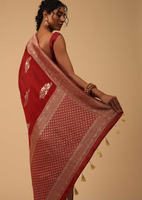 Brick Red Saree In Dola Silk With Embroidered Floral Buttas