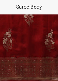 Brick Red Saree In Dola Silk With Embroidered Floral Buttas