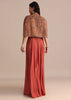 Brick Red Satin Palazzo Suit With Embroidered Cape Jacket