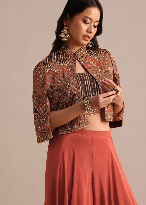 Brick Red Satin Palazzo Suit With Embroidered Cape Jacket