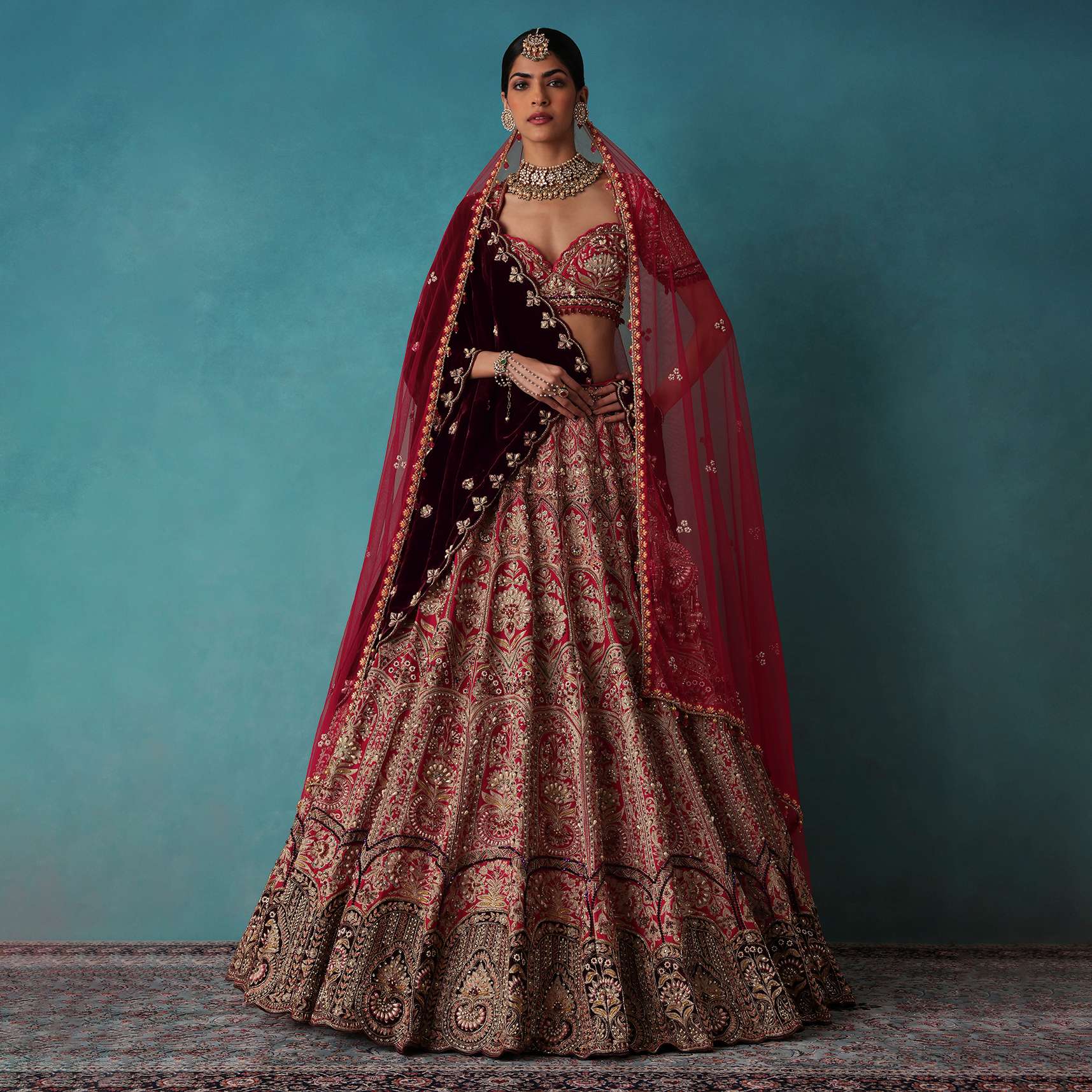 Brick Red Velvet Bridal Lehenga Set With Aari Work