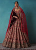 Brick Red Velvet Bridal Lehenga Set With Aari Work