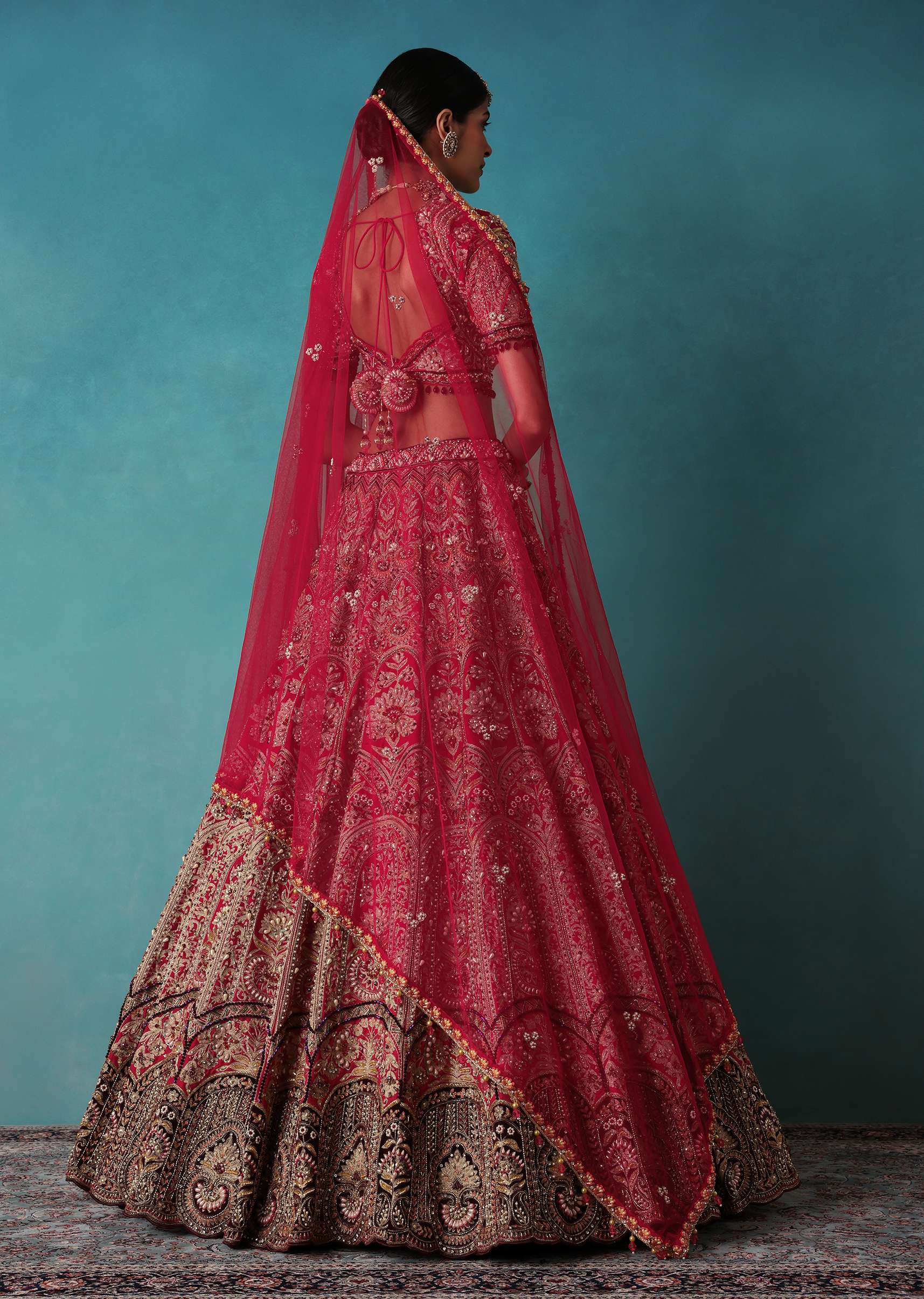 Brick Red Velvet Bridal Lehenga Set With Aari Work