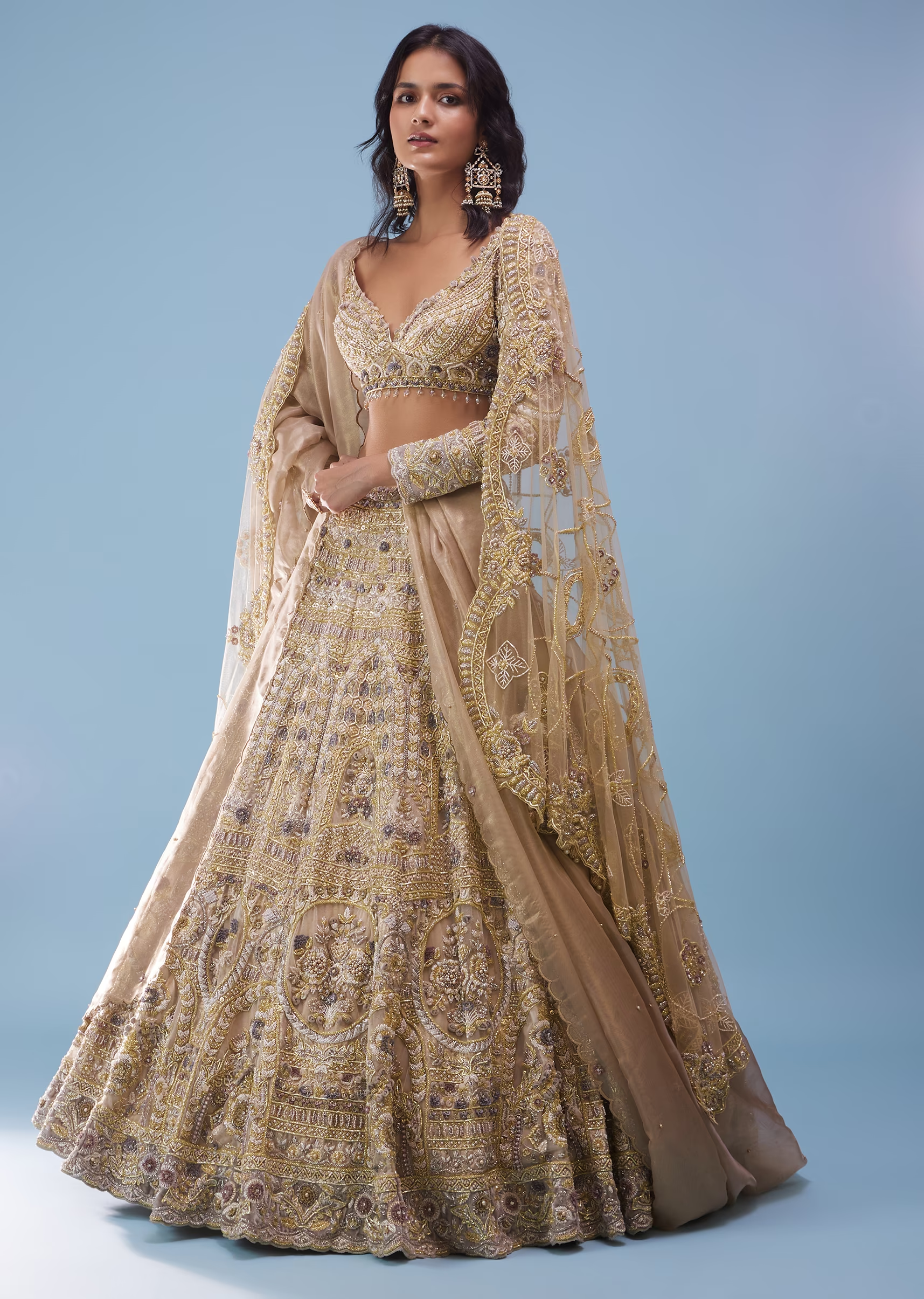 Bridal Khwabeeda Beige White Foil Organza Lehenga With 3D Embroidery - NOOR 2022