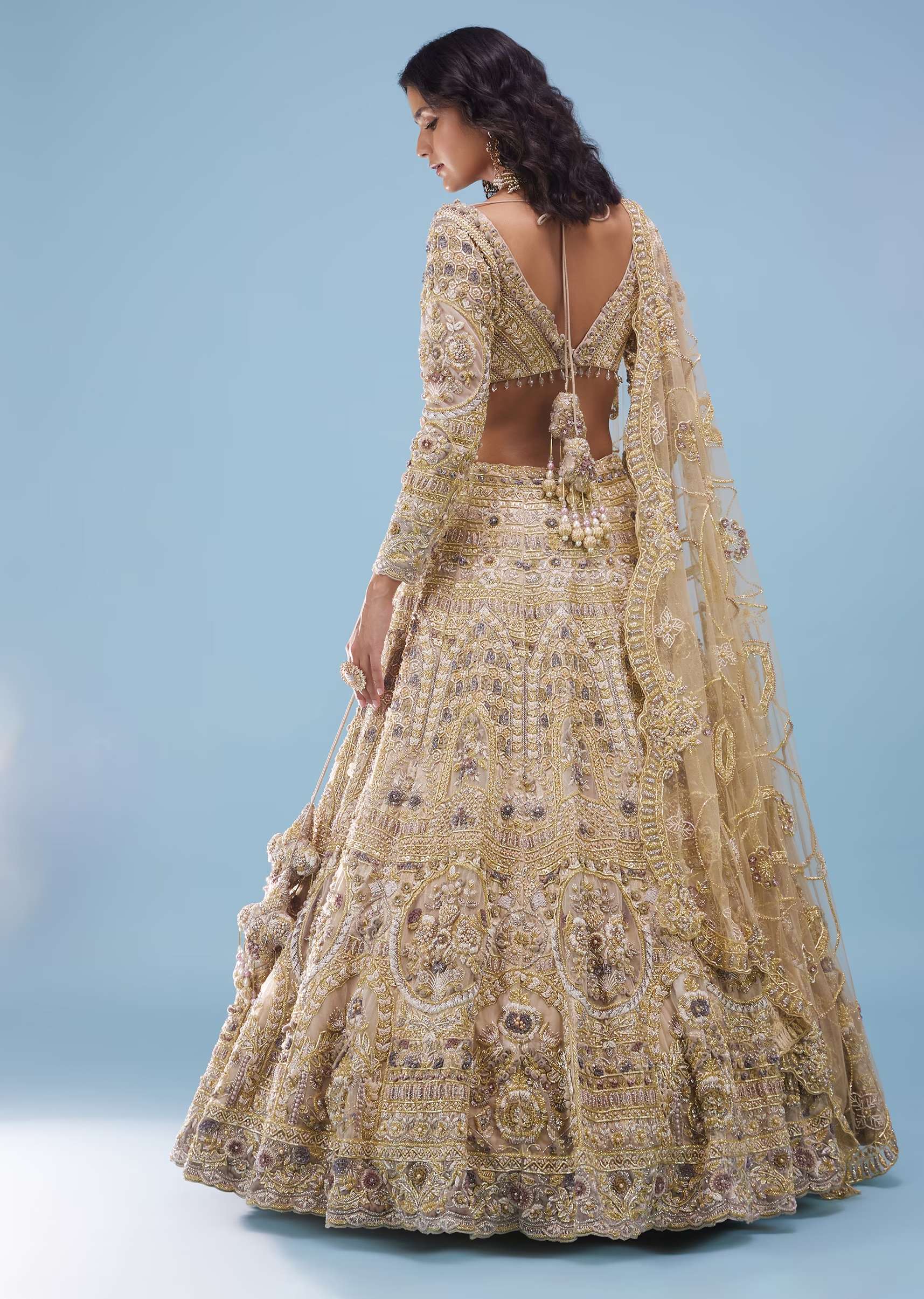 Bridal Khwabeeda Beige White Foil Organza Lehenga With 3D Embroidery - NOOR 2022