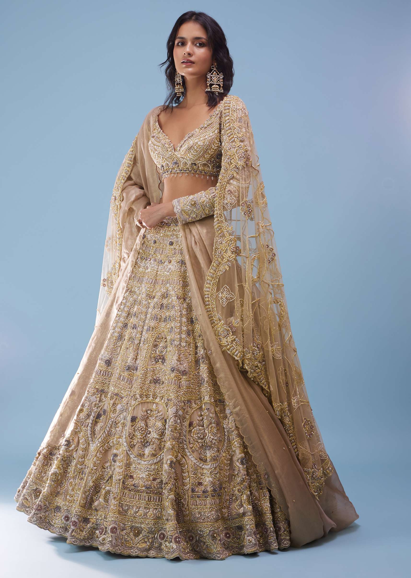 Bridal Khwabeeda Beige White Lehenga Set In Foil Organza With 3D Embroidery - NOOR 2022