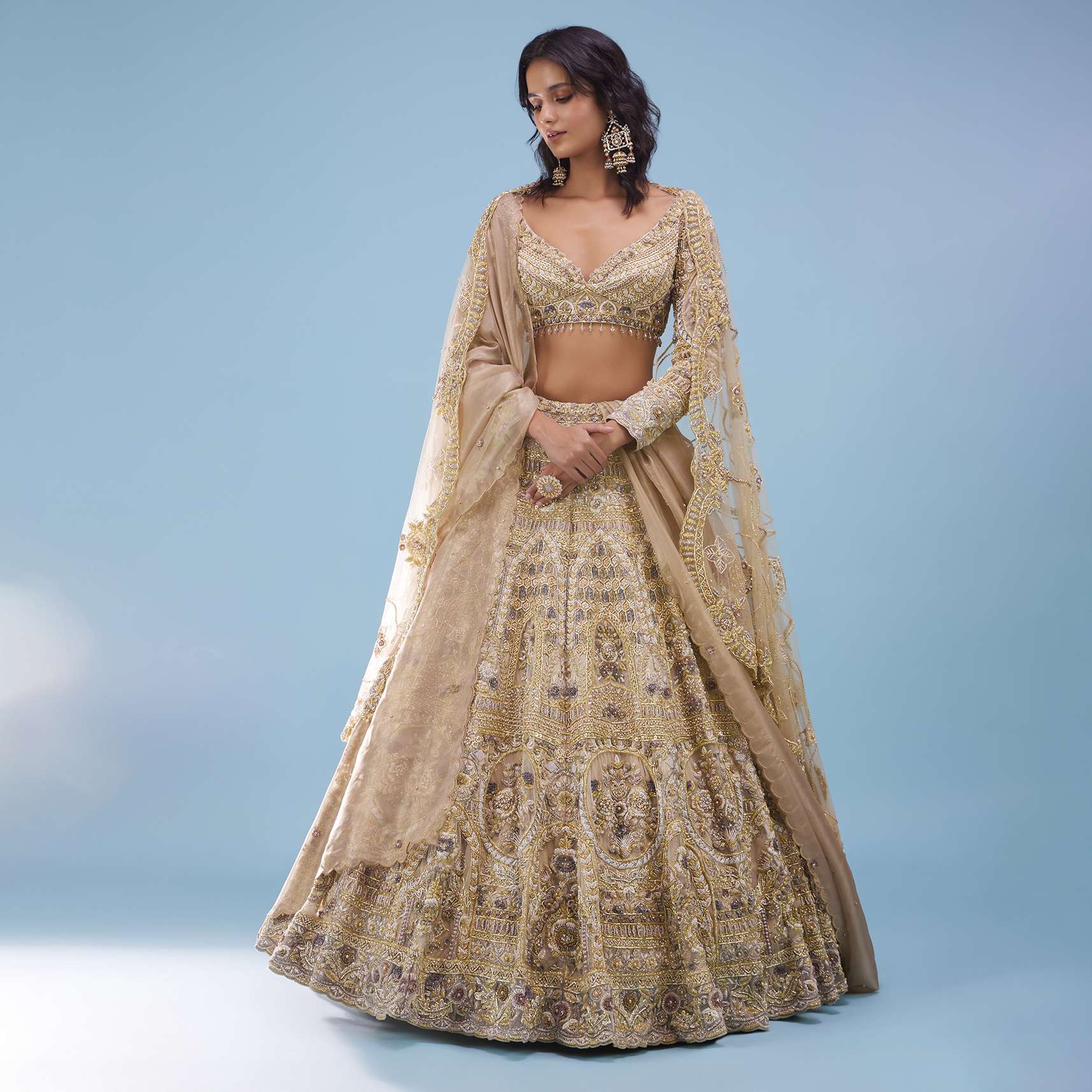 Bridal Khwabeeda Beige White Lehenga Set In Foil Organza With 3D Embroidery - NOOR 2022