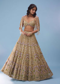 Bridal Naziaa Lehenga In Gold, Embroidered Shoulder Rest, And 3D Floral Embroidery - NOOR 2022