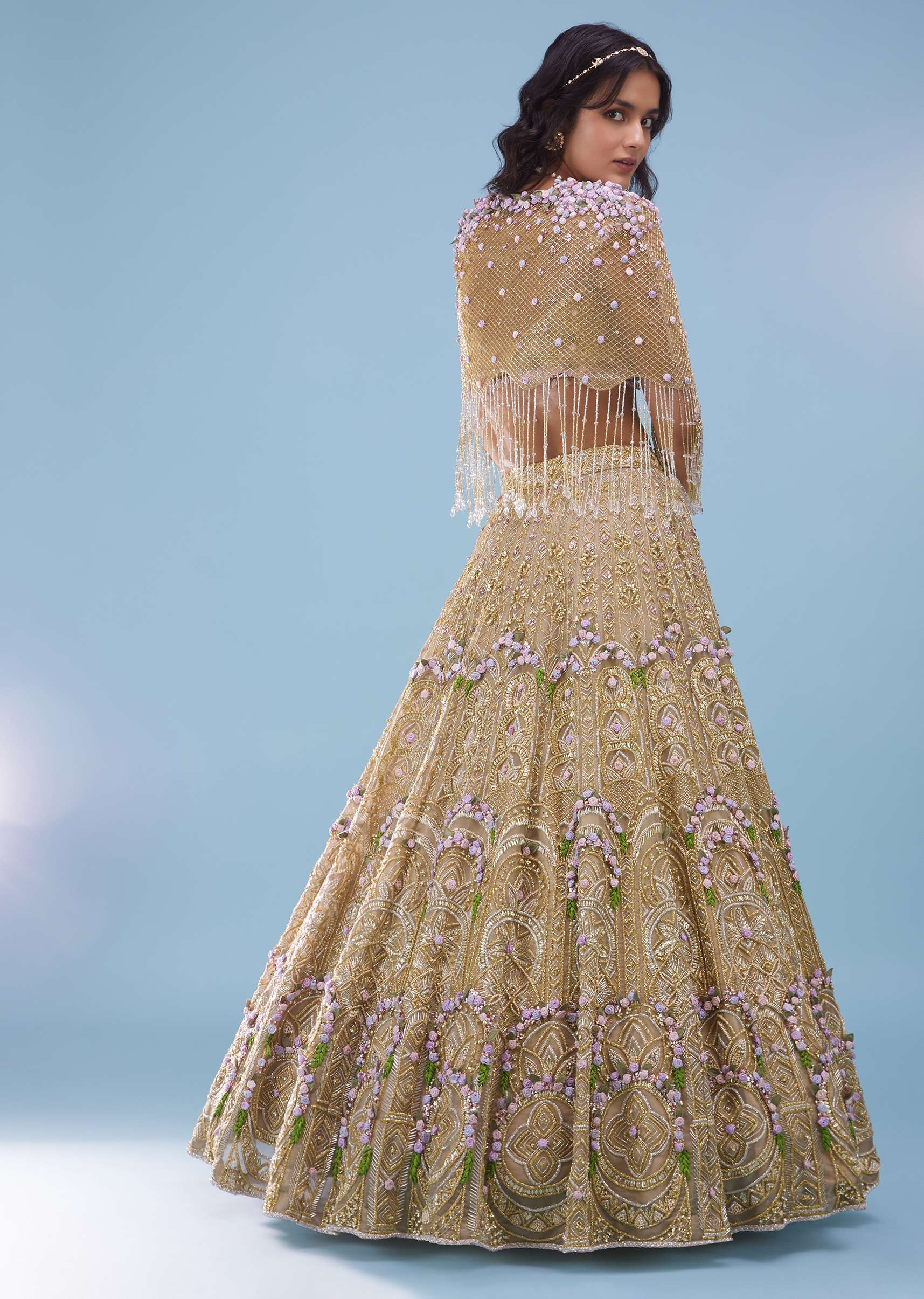 Bridal Naziaa Lehenga In Gold, Embroidered Shoulder Rest, And 3D Floral Embroidery - NOOR 2022