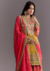Bright Coral Pink Printed Leather Patch Kurta Sharara With Organza Dupatta