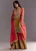 Bright Coral Pink Printed Leather Patch Kurta Sharara With Organza Dupatta