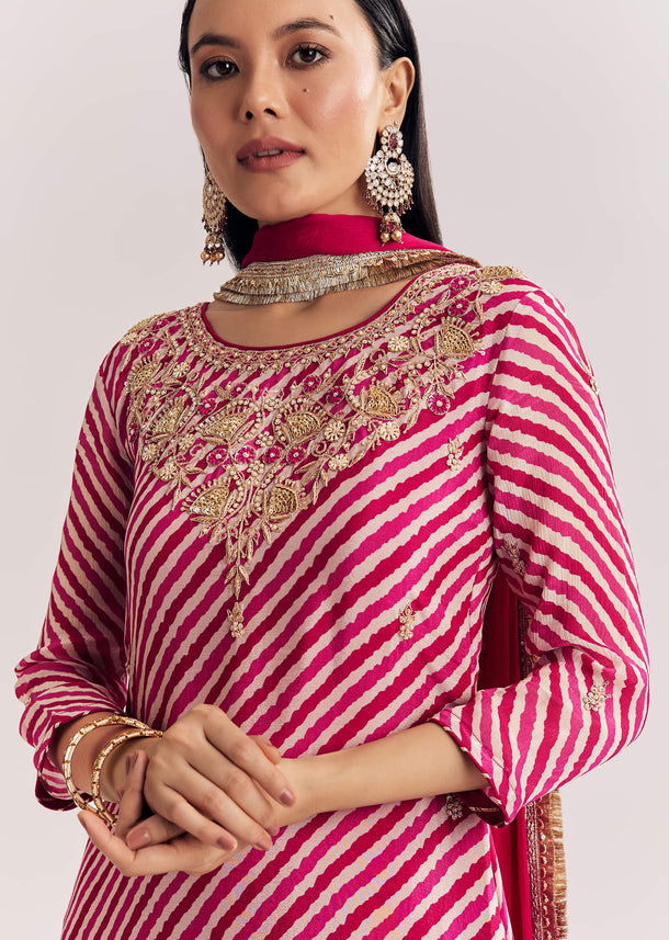 Red Bandhani Zardosi Work Kurta Palazzo Suit