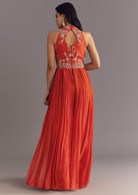 Orange Georgette Jumpsuit With Moti And Sequins Embroidery