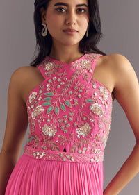 Bright Pink Georgette Jumpsuit With Embroidered Belt