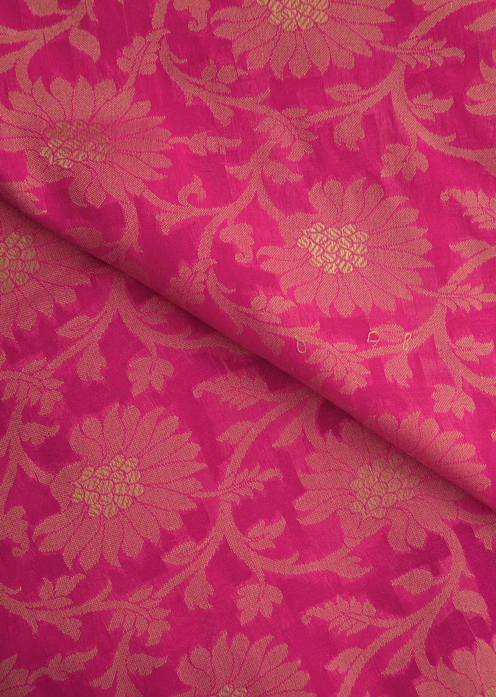 Bright pink saree in chanderi silk with jaal motif and contrast pallav