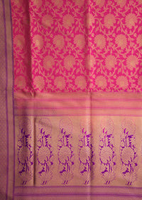 Bright pink saree in chanderi silk with jaal motif and contrast pallav