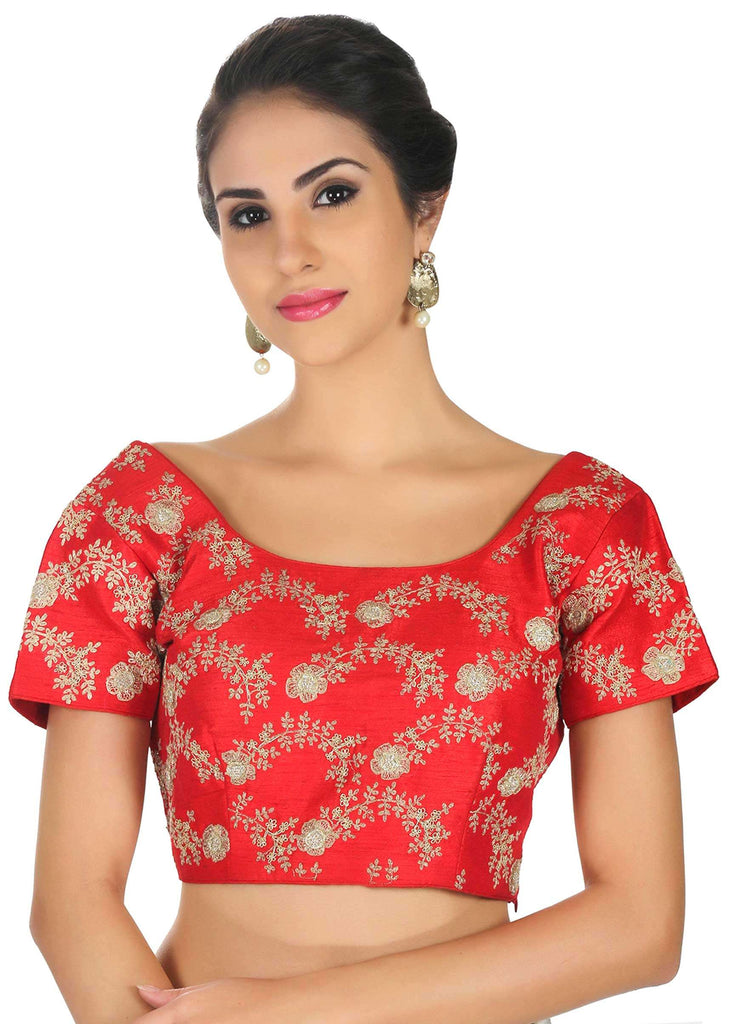 Bright Red Blouse In Raw Silk With Zari Floral Embroidery Online - Kalki Fashion