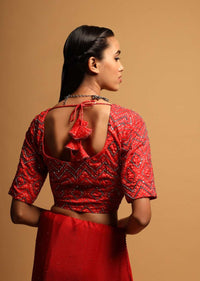 Bright Red Blouse In Silk Blend With Bandhani Print And Mirror Embroidery In Geometric Design