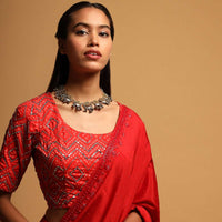 Bright Red Blouse In Silk Blend With Bandhani Print And Mirror Embroidery In Geometric Design