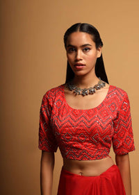 Bright Red Blouse In Silk Blend With Bandhani Print And Mirror Embroidery In Geometric Design