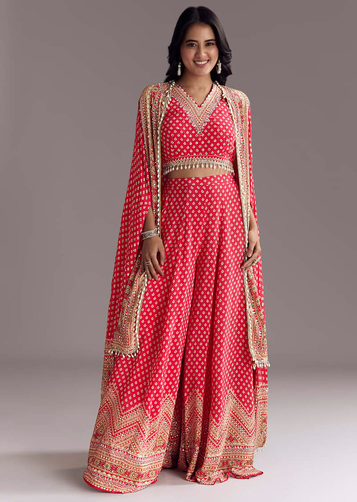 Bright Red Printed Cape Set
