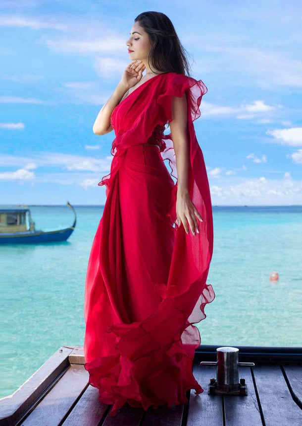 Bright Red Ready Pleated Saree With Ruffled Pallo Paired With A Strapless Hand Embroidered Blouse