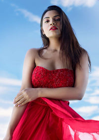 Bright Red Ready Pleated Saree With Ruffled Pallo Paired With A Strapless Hand Embroidered Blouse