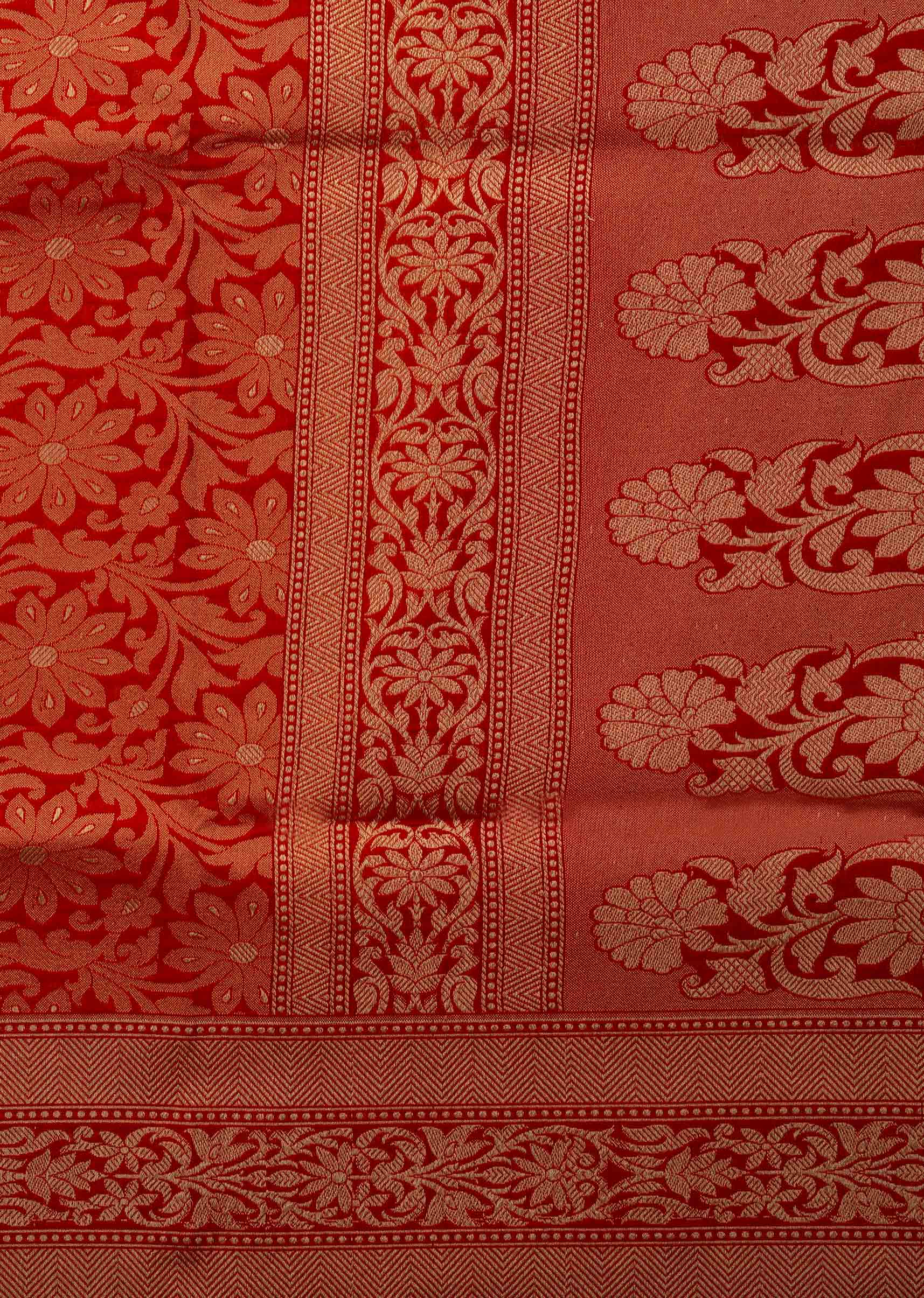 Bright red saree in chanderi silk with weaved jaal and floral butt