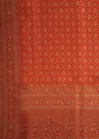 Bright red saree in chanderi silk with weaved jaal and floral butti