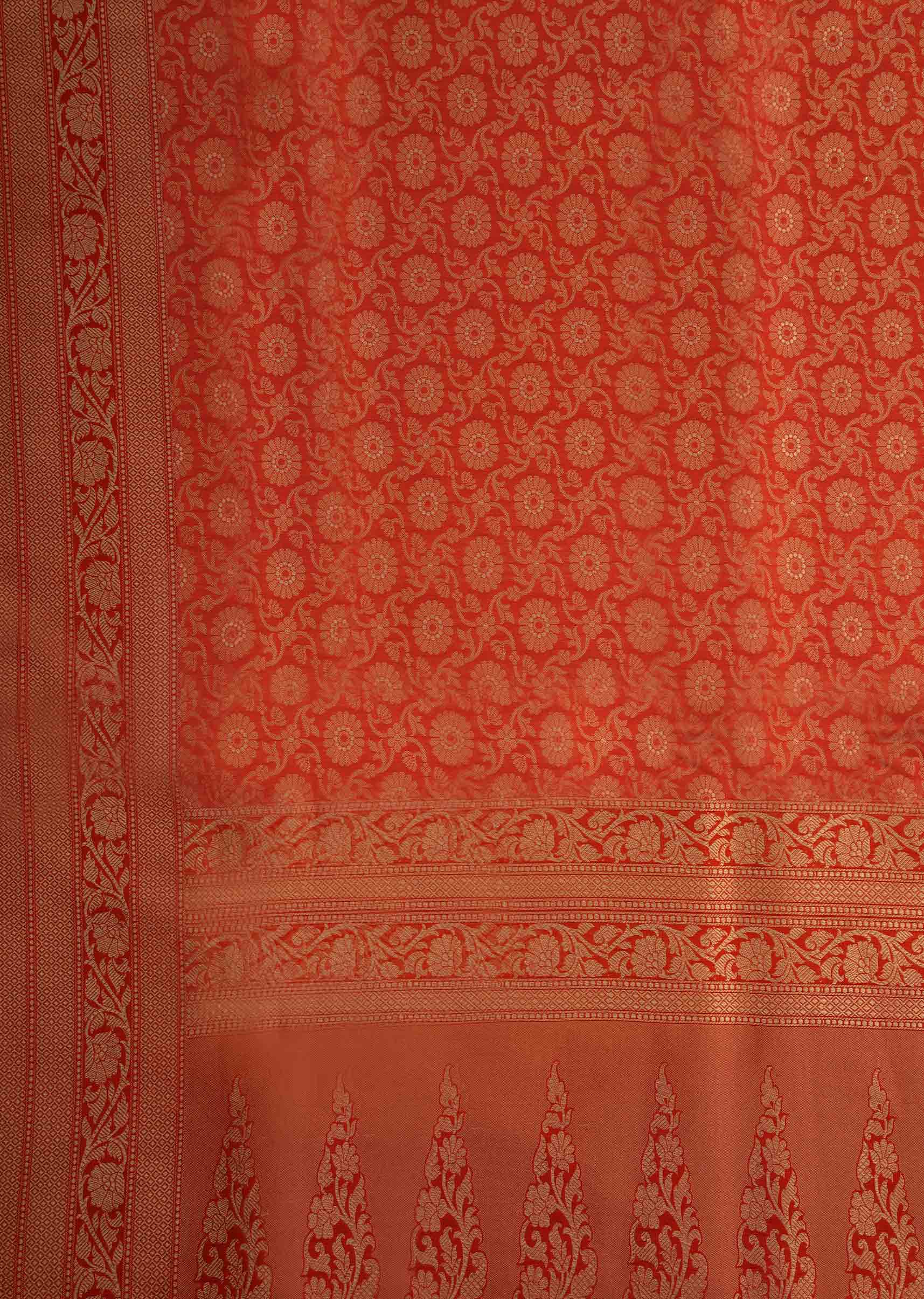 Bright red saree in chanderi silk with weaved jaal and floral butti