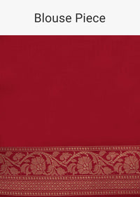 Bright red saree in chanderi silk with weaved jaal and floral butti