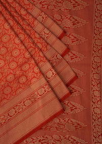 Bright red saree in chanderi silk with weaved jaal and floral butti only on Kalki