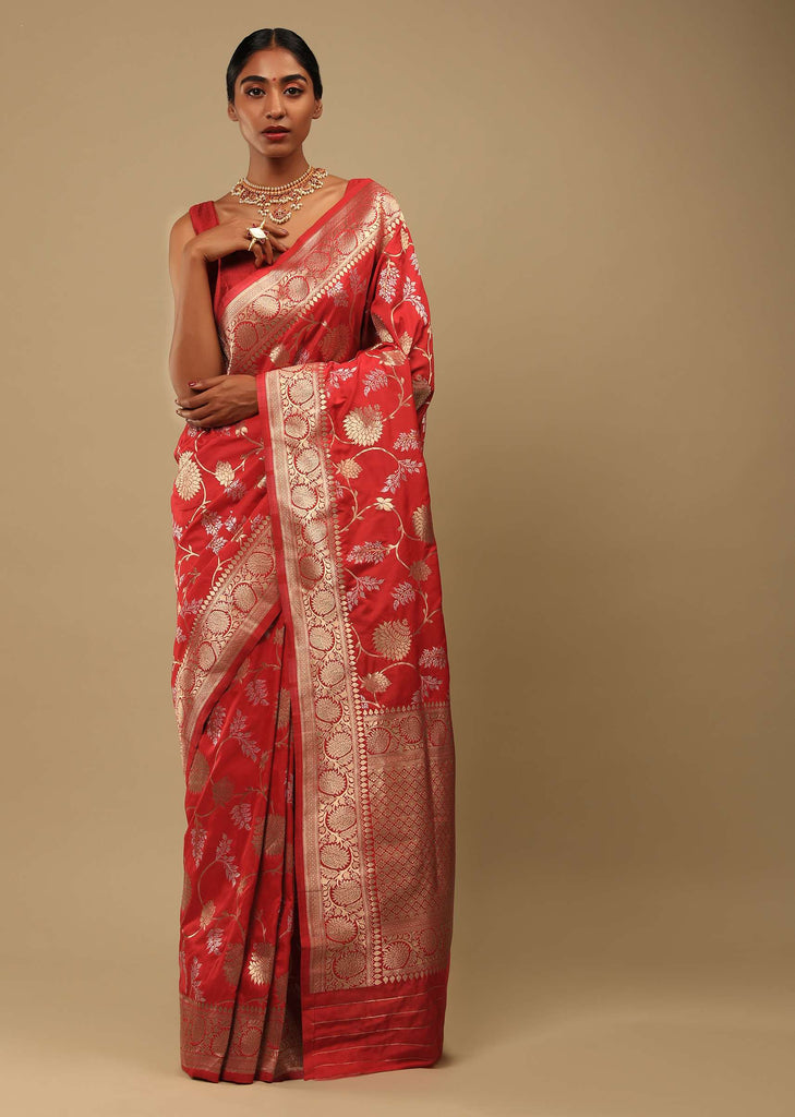 Bright Red Saree In Art Handloom Silk With Two Toned Woven Floral Jaal, Geometric Motifs On The Pallu And Unstitched Blouse