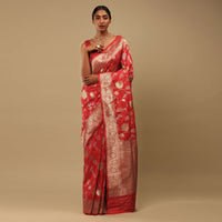 Bright Red Saree In Art Handloom Silk With Two Toned Woven Floral Jaal, Geometric Motifs On The Pallu And Unstitched Blouse