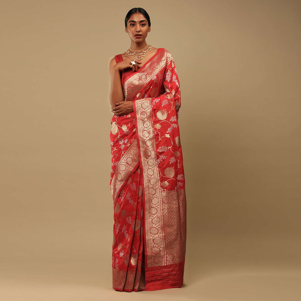 Bright Red Saree In Art Handloom Silk With Two Toned Woven Floral Jaal, Geometric Motifs On The Pallu And Unstitched Blouse