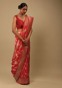 Bright Red Saree In Art Handloom Silk With Two Toned Woven Floral Jaal, Geometric Motifs On The Pallu And Unstitched Blouse