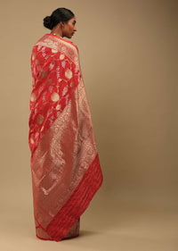 Bright Red Saree In Art Handloom Silk With Two Toned Woven Floral Jaal, Geometric Motifs On The Pallu And Unstitched Blouse